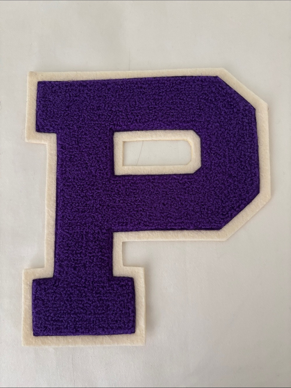 Purple Varsity Letter 'P' Chenille Patch with Cream Border